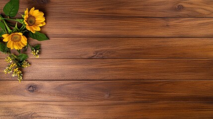 A bright sunflower stands out against a rustic wooden backdrop, showcasing its vibrant yellow petals and lush green leaves
