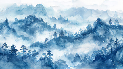 Obraz premium Watercolor Landscape of Mountains and Foggy Forest