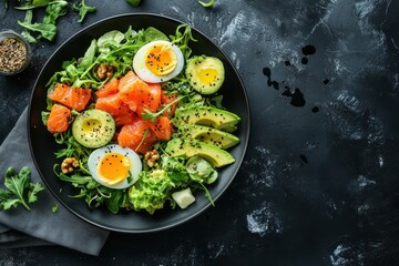 lifestyle concept, photo of an healthy meal with avocados and eggs on plate, salmon fish salad in bowl
