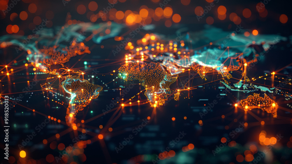 Poster a digital illustration of the world map with glowing nodes and connecting lines