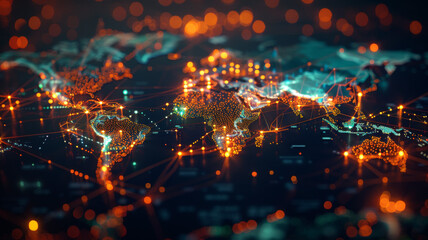 Fototapeta premium A digital illustration of the world map with glowing nodes and connecting lines