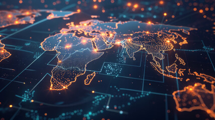 Obraz premium A Digital Map of the World with Glowing Cities