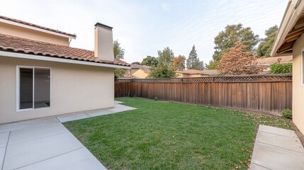 Naklejka premium A modern backyard features vibrant green grass, a barbecue area, and a cozy dining space under a large umbrella on a bright sunny day