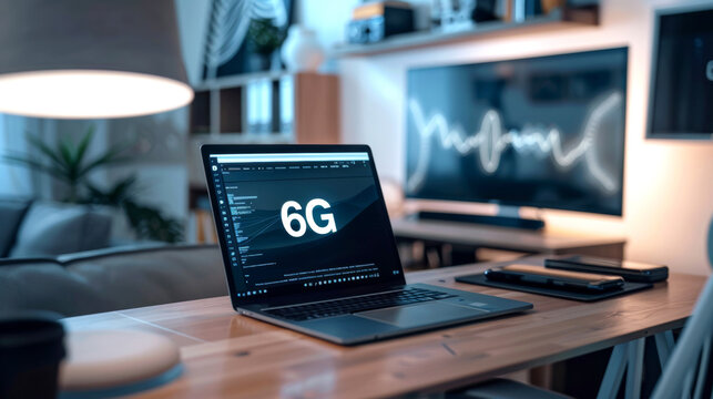 Stylish home office featuring laptop displaying 6g modern decor, and tech gadgets. backdrop includes television with sleek visuals, suggesting advanced technology and contemporary work environment.