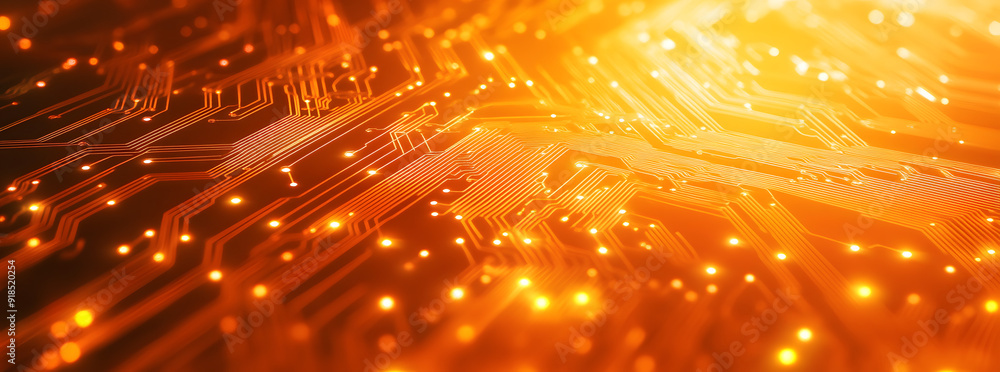 Poster abstract orange circuit board pattern with glowing lines. a high-tech digital background perfect for
