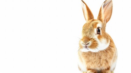 Obraz premium A close-up of a brown and white rabbit with long ears and whiskers, looking directly at the camera against a white background.