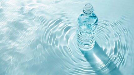   A bottle of water resting on the surface of a tranquil body of water, with gentle ripples reflecting off its glassy exterior