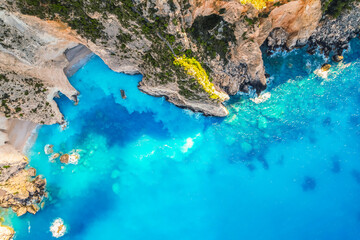 Plakaki beach on Zakynthos island or Zante Island, Greece. Beautiful views of azure sea water and nature with cliffs cave
