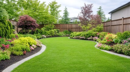 A modern backyard features vibrant green grass, a barbecue area, and a cozy dining space under a large umbrella on a bright sunny day