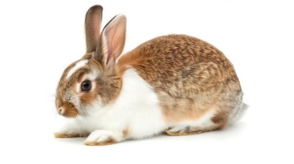 Obraz premium A brown and white rabbit with long ears sits on a white background, looking to the side.