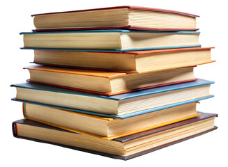 Stack of colorful hardcover books in a vertical pile isolated on transparent background