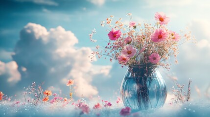Enchanting floral scene with pink cosmos in blue vase surrounded by magical misty landscape for fairy tale inspired artwork