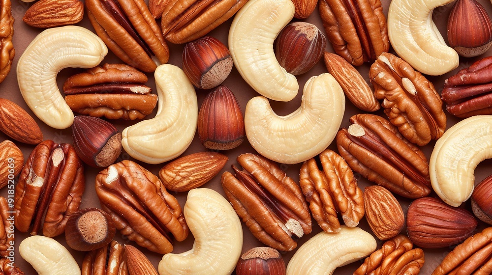 Poster   Nuts and cashews arranged in the shape of the letter C on a brown surface with a pattern of nuts and cashews arranged in the shape of the C