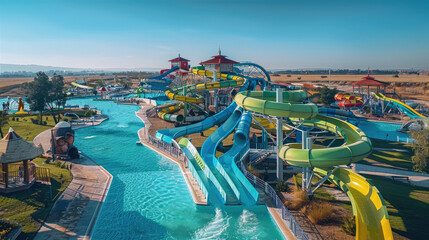 A water park far away in the distance, a lot of water slides around, blue sky. Aerial high view. Generative AI.