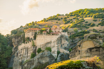 Obraz premium The monastery Meteora, rocky monasteries complex in Greece near Kalabaka city. Holy Monastery of the Great Meteoron and Varlaam
