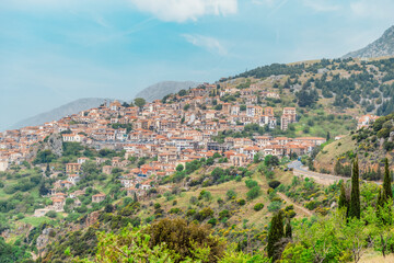 Fototapeta premium View of the town Arachova, Greece, near Parnassus mountain and Temple of Delphi.