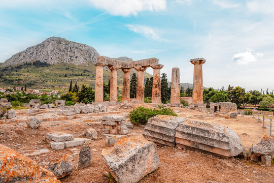 archaeological site of Ancient Corinth built in the slopes of Acrocorinth, Peloponnese, Greece