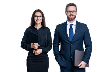 business coworkers isolated on white. two businesspeople in formal suit. ambitious businesspeople support. professional business leader with manager. successful businesspeople. take care of business