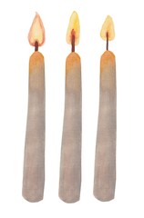 Set of Wax Candles with Candlelight. Hand drawn watercolor illustration of vintage light for cozy interior. 
