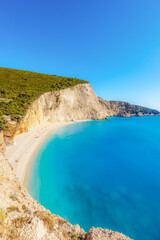 Beach of Port Katsiki with turquoise shining ocean on the island of Lefkada, Ionian Sea, Greece