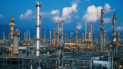 Fototapeta premium petroleum refinery with distillation towers, pipelines