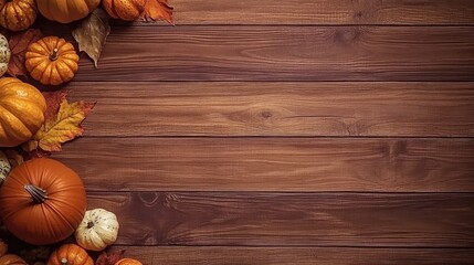 A variety of pumpkins and gourds are artfully arranged on a wooden table surrounded by colorful autumn leaves, perfect for seasonal decoration ideas