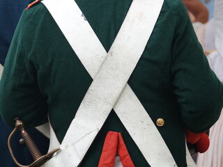 The uniform of a musketeer of the War of 1812. Napoleon's army. The army of the Russian tsar of 1812. The harnesses are white in color. Hussar's sword. Gilded armorial buttons.