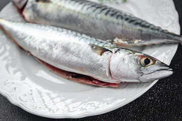 mackerel raw fresh fish seafood fresh meal food snack on the table copy space food background rustic top view keto or paleo diet Pescetarian