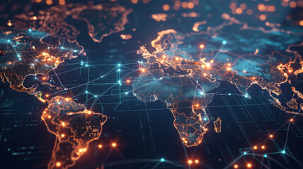 Obraz premium A Digital World Map with Interconnected Nodes and Lines
