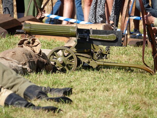 Fototapeta premium Maxim system machine gun - the most popular machine gun of World War I in dark green coloring during combat