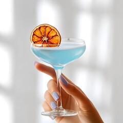 A close-up shot of a hand holding a light blue cocktail in a delicate coupe glass with a long, thin stem. A slice of dried orange is elegantly placed on the rim of the glass.