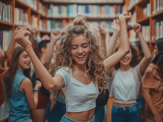 Obraz premium roup of students dancing and have fun in a library