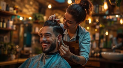 Obraz premium Hairdresser cutting man's hair, salon