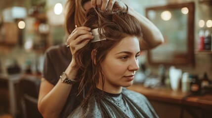 Fototapeta premium Hairdresser cutting woman's hair, salon