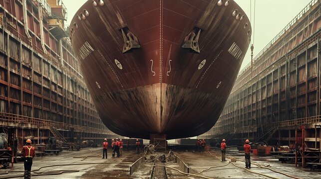 shipyard with workers constructing a large container ship