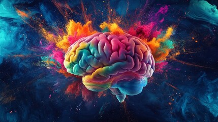 Human brain with colorful splashes imagination idea concept background
