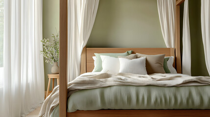A tranquil green four-poster bed with natural wood accents and linen curtains.