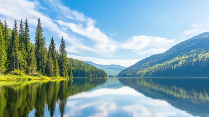 Fototapeta premium A stunning reflection of a church in a calm lake, surrounded by vibrant greenery and a clear summer sky in Finland