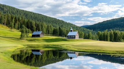 Fototapeta premium A stunning reflection of a church in a calm lake, surrounded by vibrant greenery and a clear summer sky in Finland