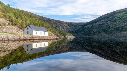 Obraz premium A stunning reflection of a church in a calm lake, surrounded by vibrant greenery and a clear summer sky in Finland
