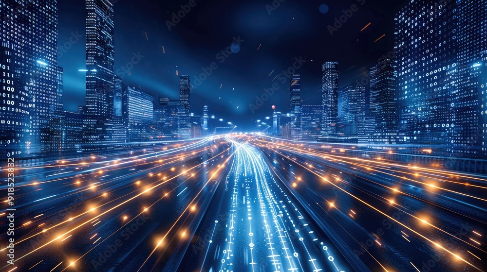 Fototapete a digital cityscape made of binary code, with light trails representing cars moving through the stre