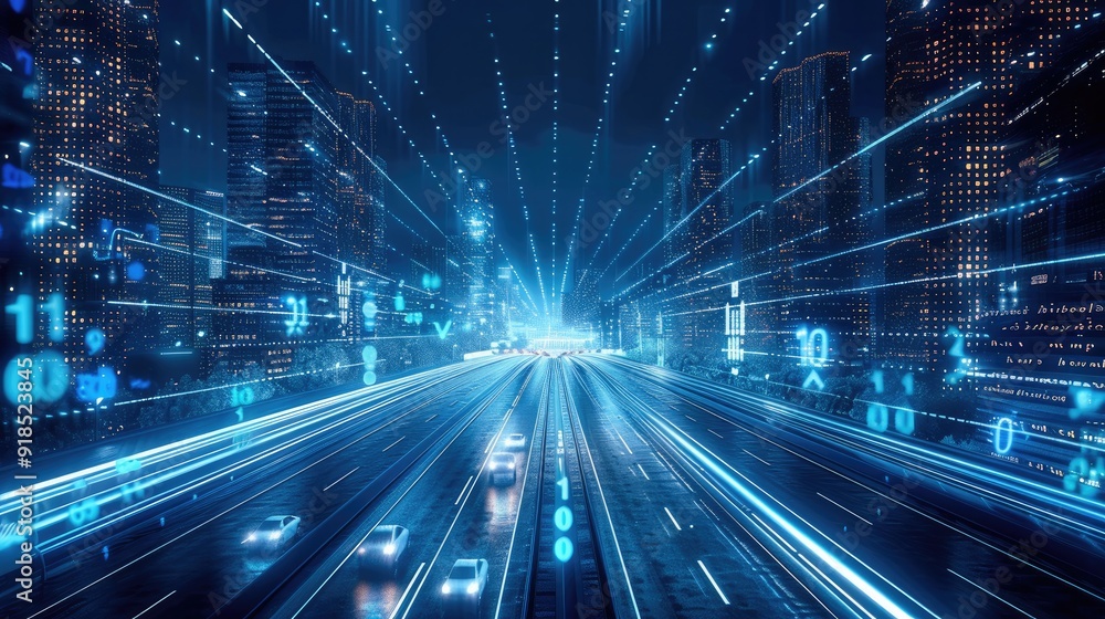 Poster A digital cityscape made of binary code, with light trails representing cars moving through the streets, symbolizing urban technology and innovation. the glowing white lines of data streams in motion.