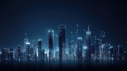 Obraz premium A dark blue skyline illuminated by glowing neon lights reflects on the water, highlighting digital connection lines in a smart urban environment