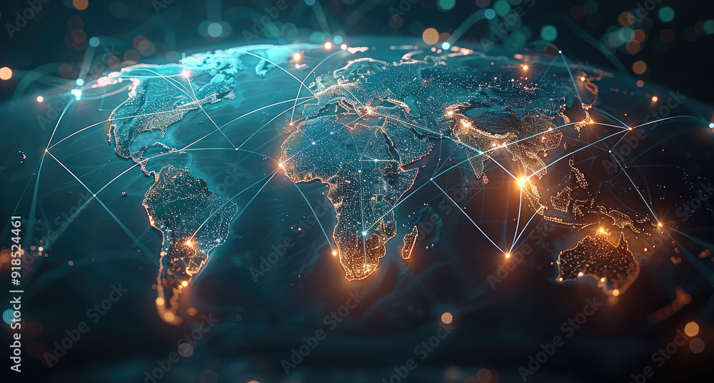 Poster a visually striking world map with luminous lines and points connecting continents, symbolizing a hi