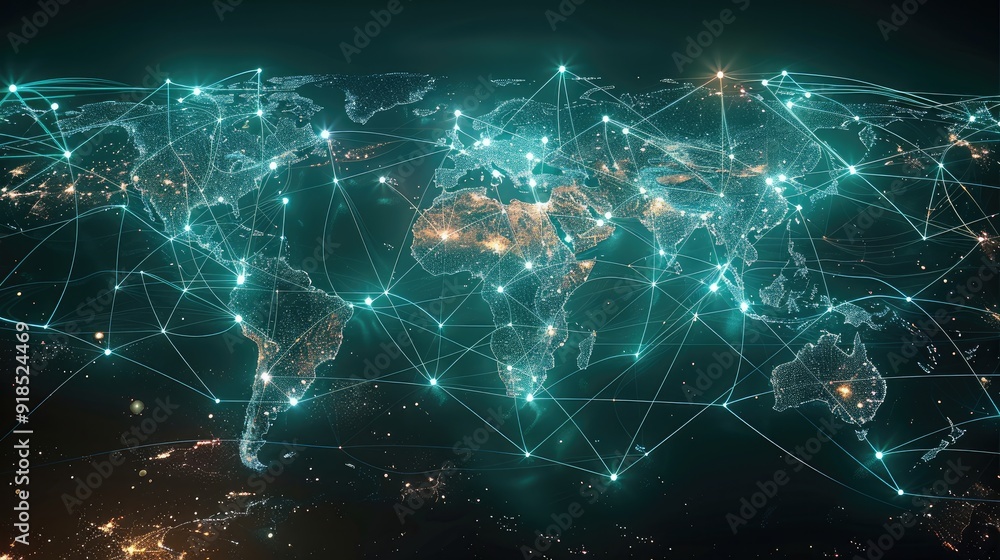 Aufkleber A visually striking world map with luminous lines and points connecting continents, symbolizing a high-tech global network. Generative AI.