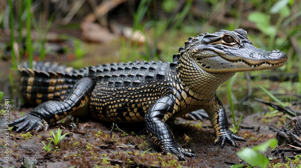 Poster a close-up of a small alligator resting on the ground amidst grass and weeds in the background