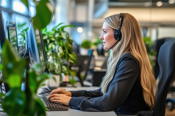 Fototapeta premium Professional Woman in Headset, Executing Call Duties in Stylish Office