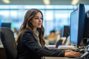Obraz premium High-Energy Businesswoman with Headset, Operating in Streamlined Office Setting