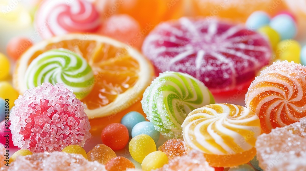 Aufkleber a white tablecloth holds a colorful array of candies and lollipops stacked on top of each other