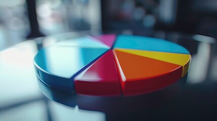 Fototapeta premium A 3D pie chart with six segments in blue, white, pink, light blue, orange and yellow, resting on a black surface.